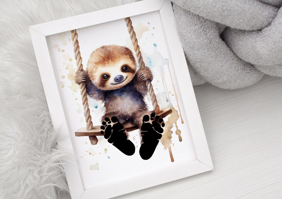 Baby Footprint Picture Sloth On Swing Art Print - Image 2