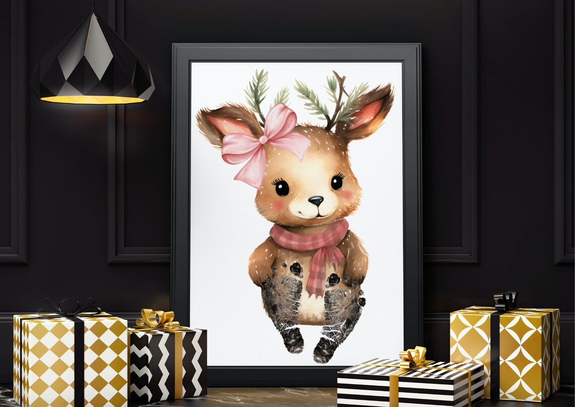 Deer Girl With Pink Bow Scarf Baby Footprint Keepsake Poster - Image 2