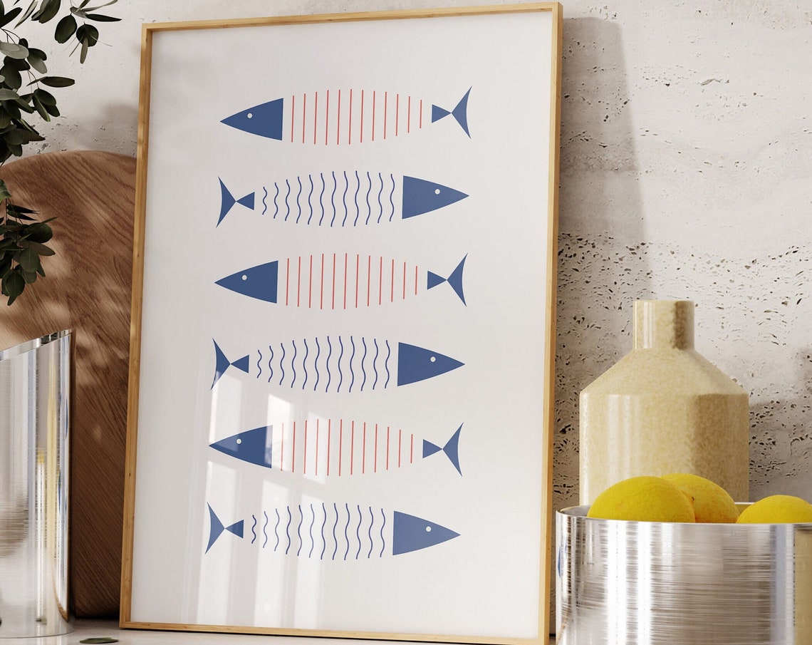 Minimalist Blue Red Geometric Fish School Seafood Kitchen Wall Art