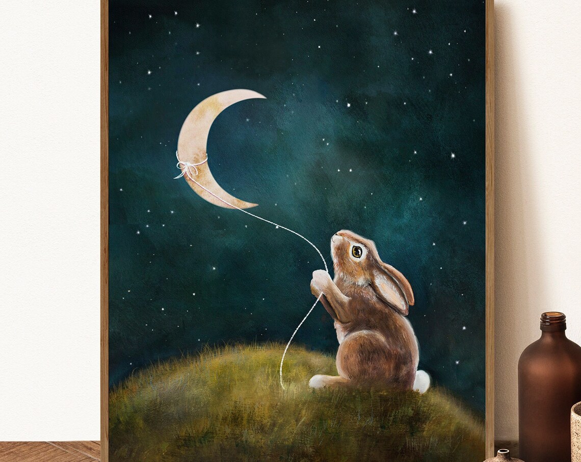 Bunny Nursery Print, Rabbit And Moon Art Print