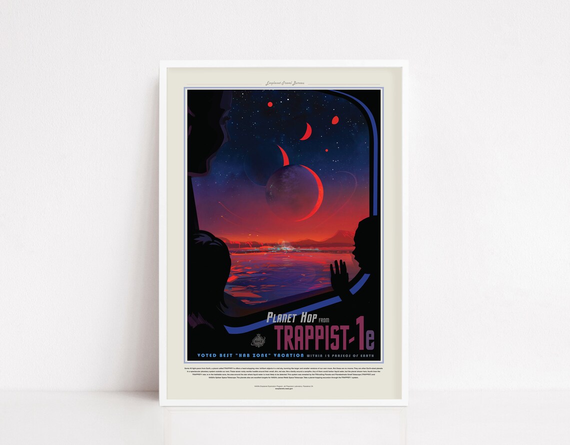 NASA Planet Hop TRAPPIST 1e Hab Zone Retro Exoplanet Travel Poster