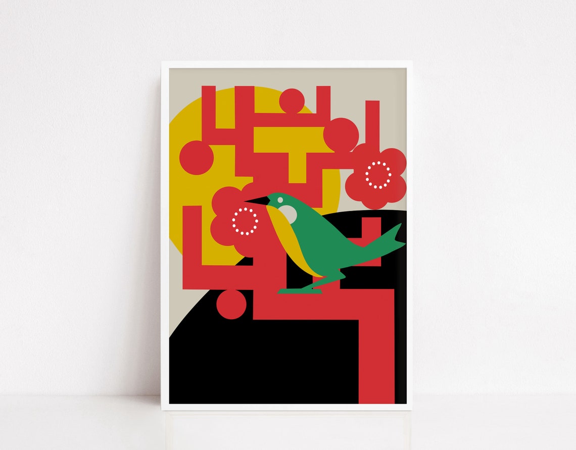 Green Bird Red Blossom Yellow Sun Geometric Japanese Style Art Poster