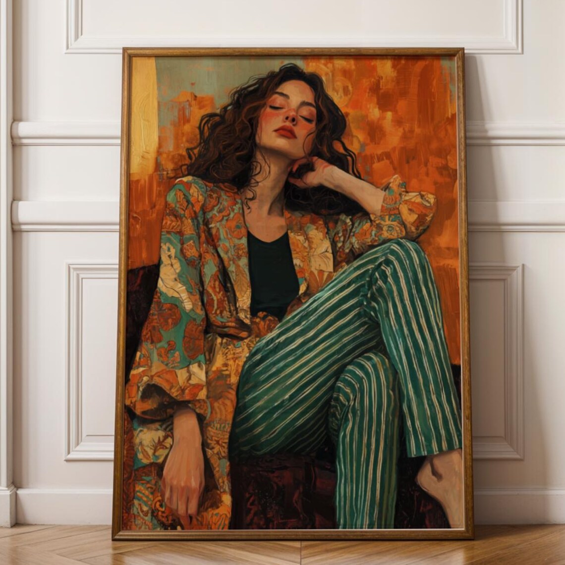 Curly Hair Woman Floral Kimono Fashion Illustration Art Print