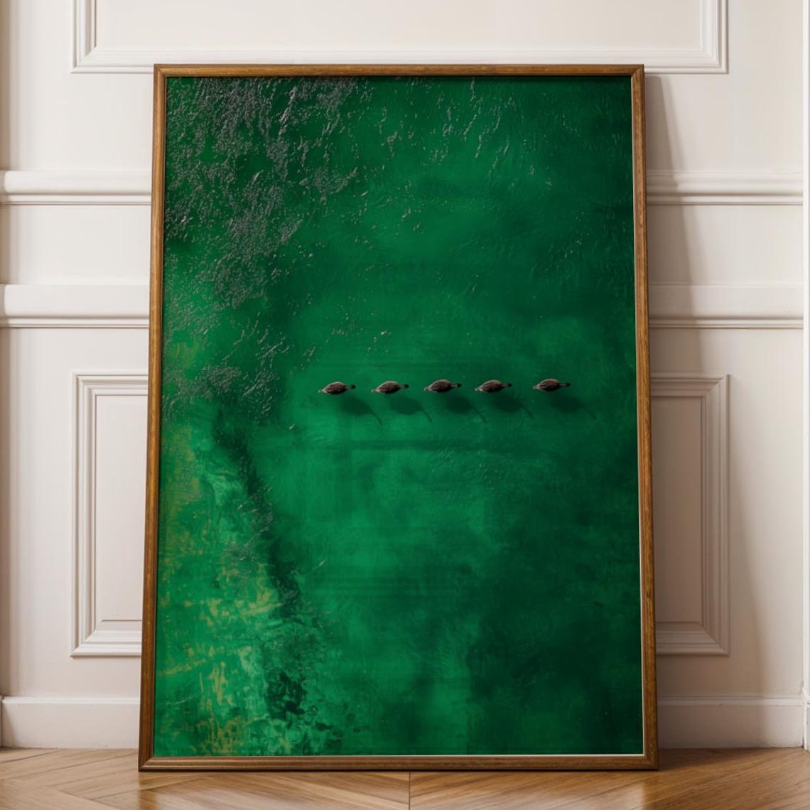 Emerald Green Ducks Aerial Calm Lake Minimalist Nature Wall Art