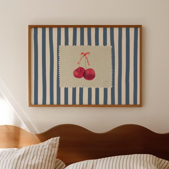 Blue Vintage Stripe Cherry Fruit Print Kitchen Wall Art Farmhouse Decor Minimalistic Bedroom