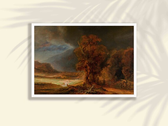 Rembrandt Stormy Landscape Art Poster Great Tree and Travelers