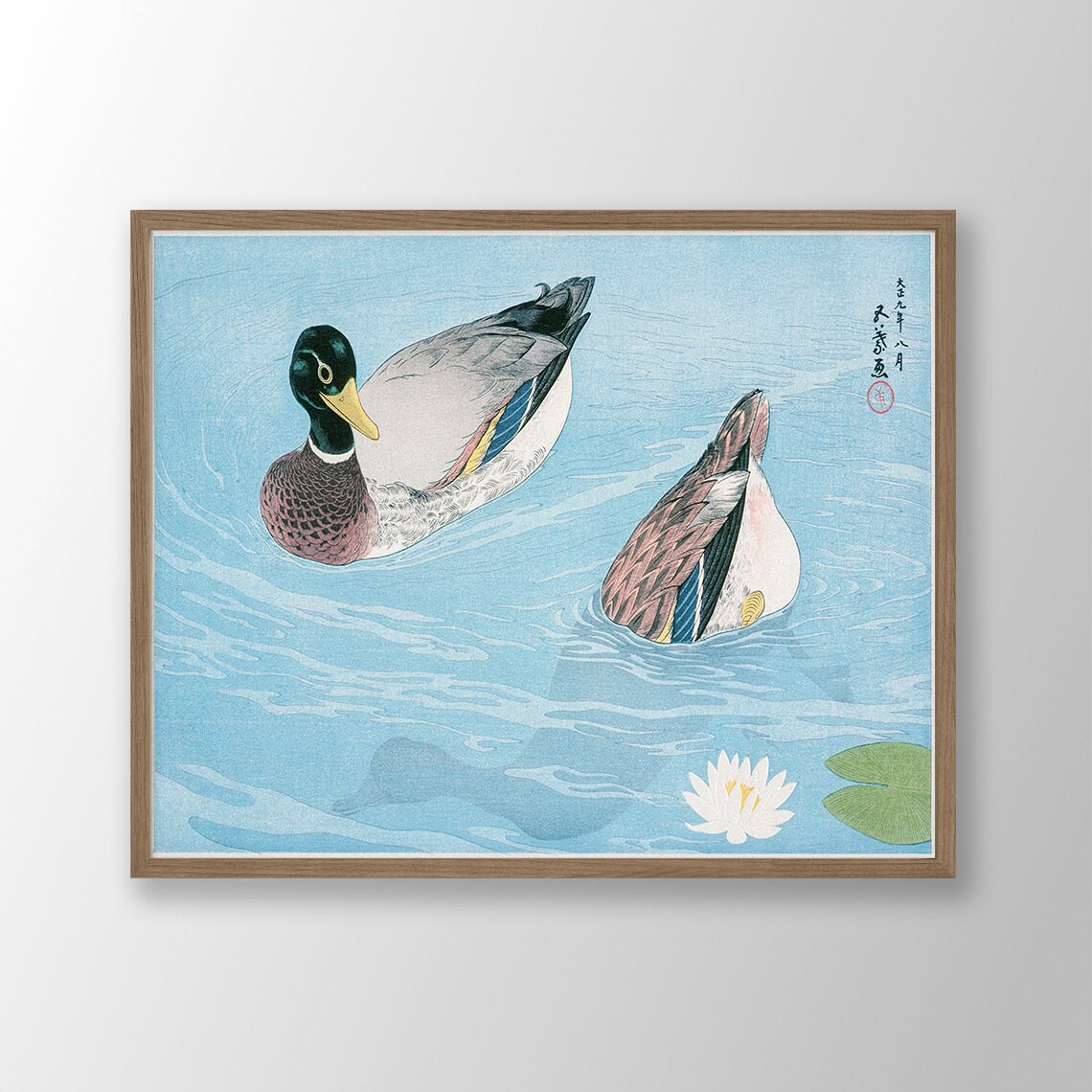 Mallard Ducks Swimming Japanese Woodblock Blue Water Lily Poster