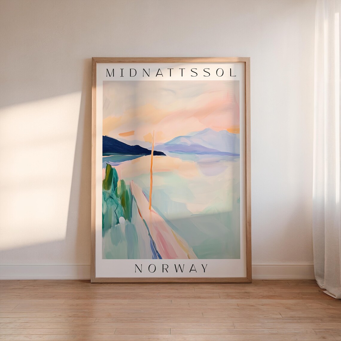 Midnattssol Norway Midnight Sun Fjord Art Print with Soft Pastels