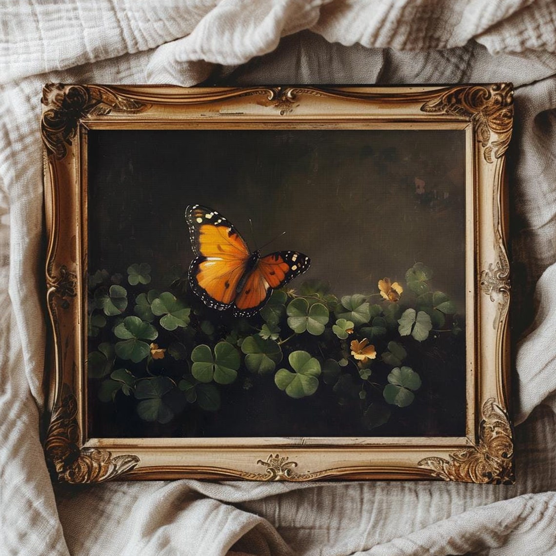 Orange and Black Butterfly Resting on Clover Leaves Dark Moody Poster