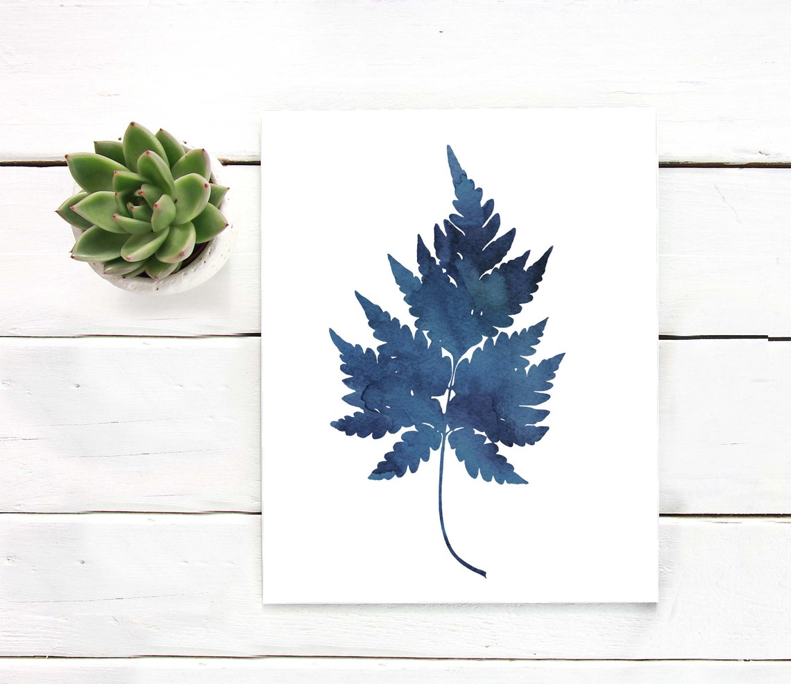 Indigo Blue Broad Fern Leaf Watercolor Botanical Silhouette Print