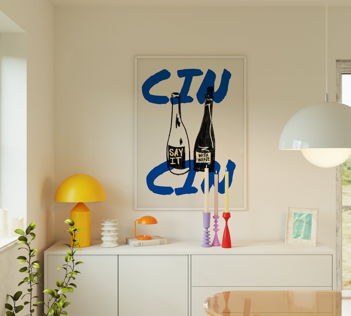 Cin Cin Vintage Wine Poster, Bar Cart Decor - Image 3