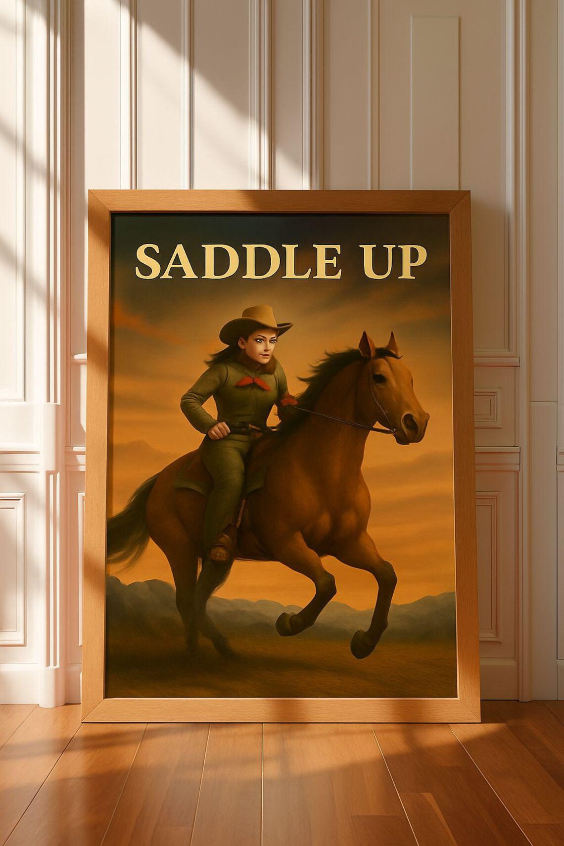 Saddle Up Cowgirl Riding Horse Amber Sunset Western Ranch Poster