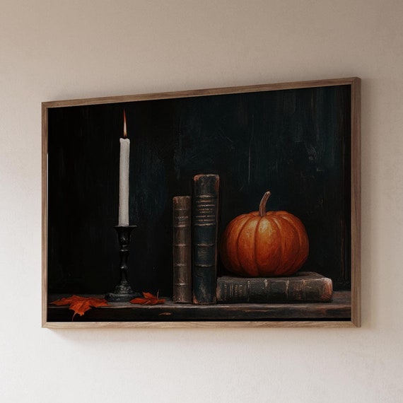 Moody Halloween Art Vintage Painting Bookshelf Decor Dark Academia Decor Halloween Print Spooky Wall Art Halloween Painting Pumpkin Decor
