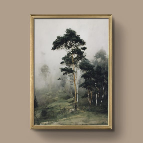 Misty Forest Print Moody Landscape Art Nature Photography Style Minimalist Tree Poster Calming Wall Decor Prints