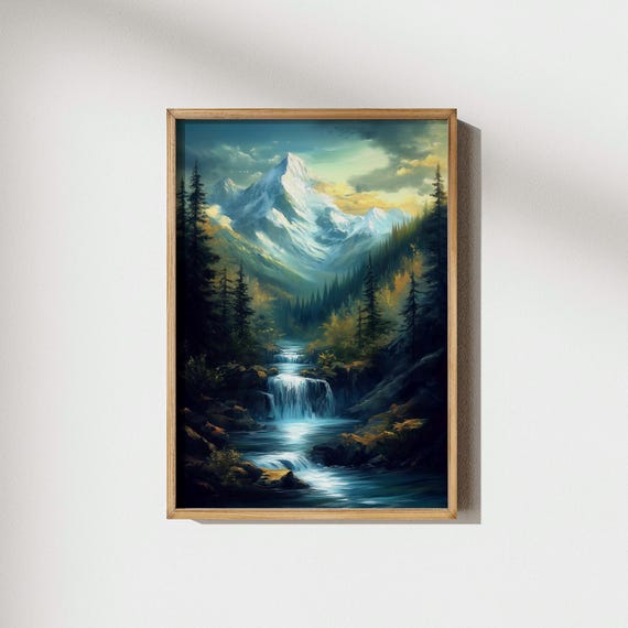Mountain Waterfall Wall Art Cascading Stream Landscape Print Forest Decor Nature Water Feature Prints
