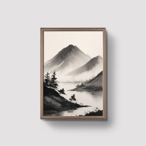 Misty Mountain Wall Art Japanese Ink Landscape Minimalist Zen Home Decor Neutral Poster Instant Prints