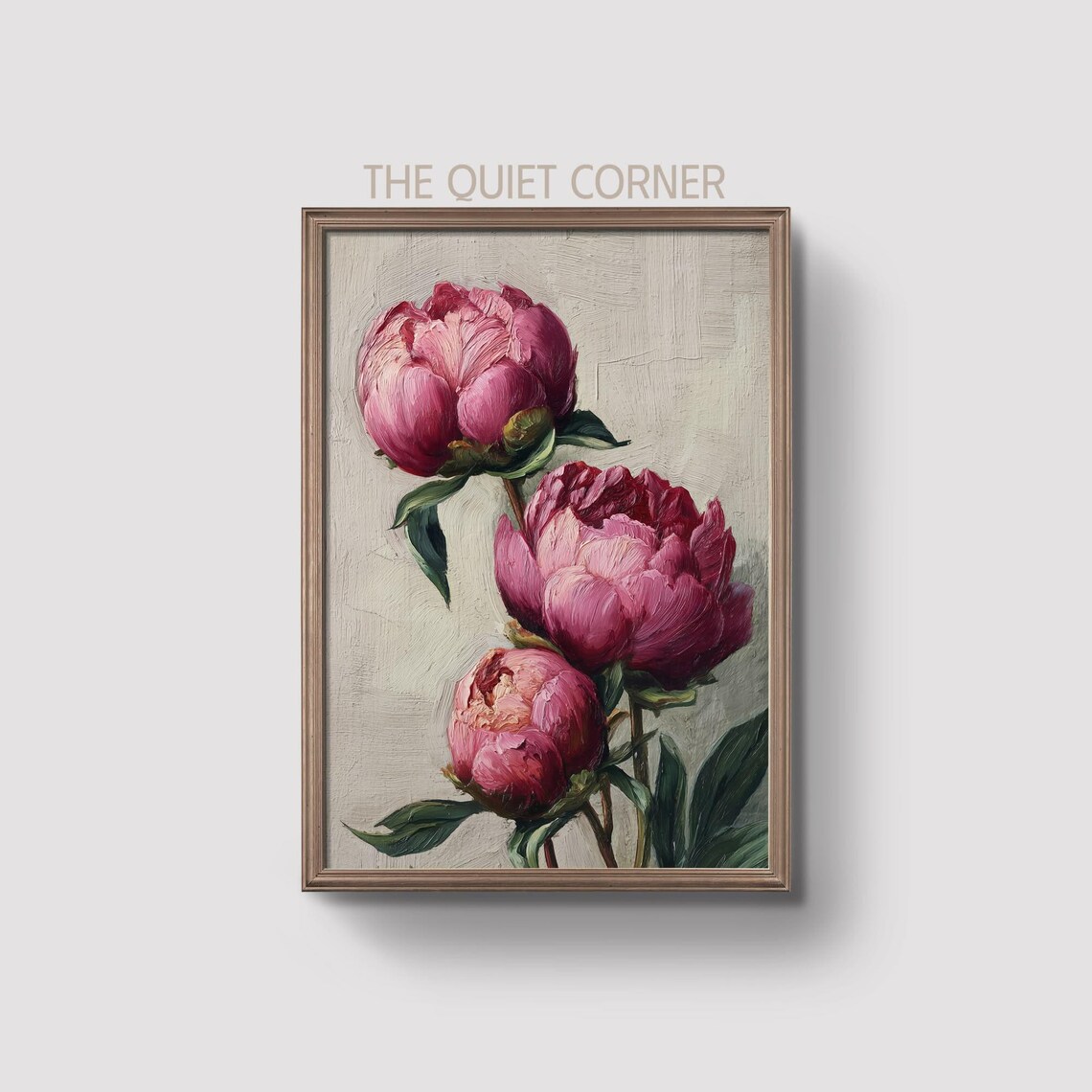 Deep Pink Peonies Oil Painting Vintage Floral Botanical Wall Art