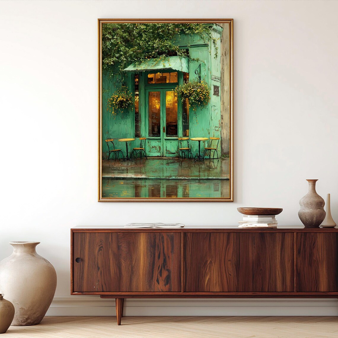 Green Parisian Cafe Storefront Vintage Bistro Street Art Poster