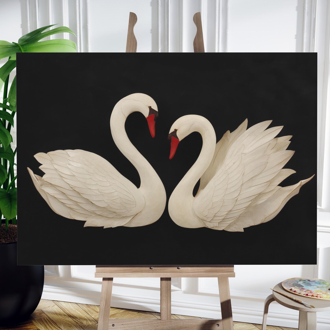 Elegant Swan Pair In Love Vintage Black Background Art Print