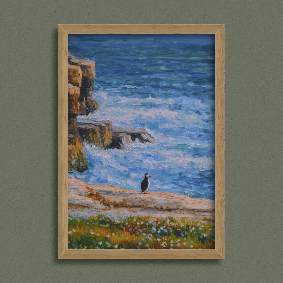 Puffin on Rocky Seashore Dramatic Blue Ocean Oil Painting Wall Poster