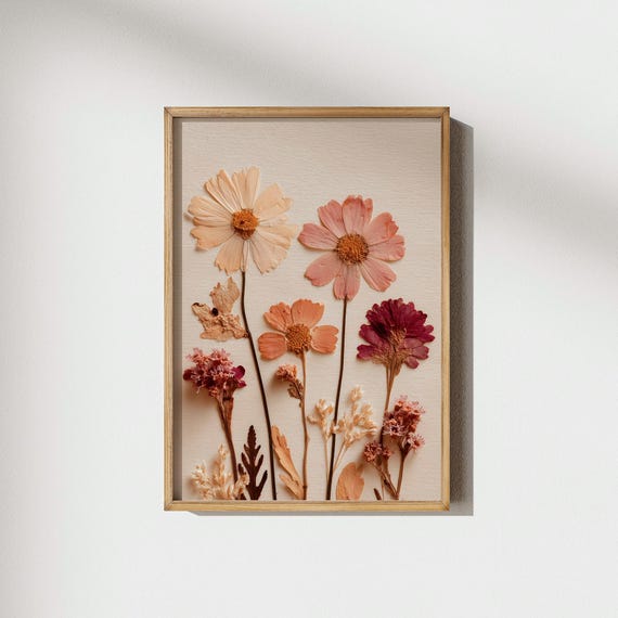 Autumn Cosmos Flower Wall Art Mixed Pressed Botanical Vintage Floral Fall Home Decor Warm Tones