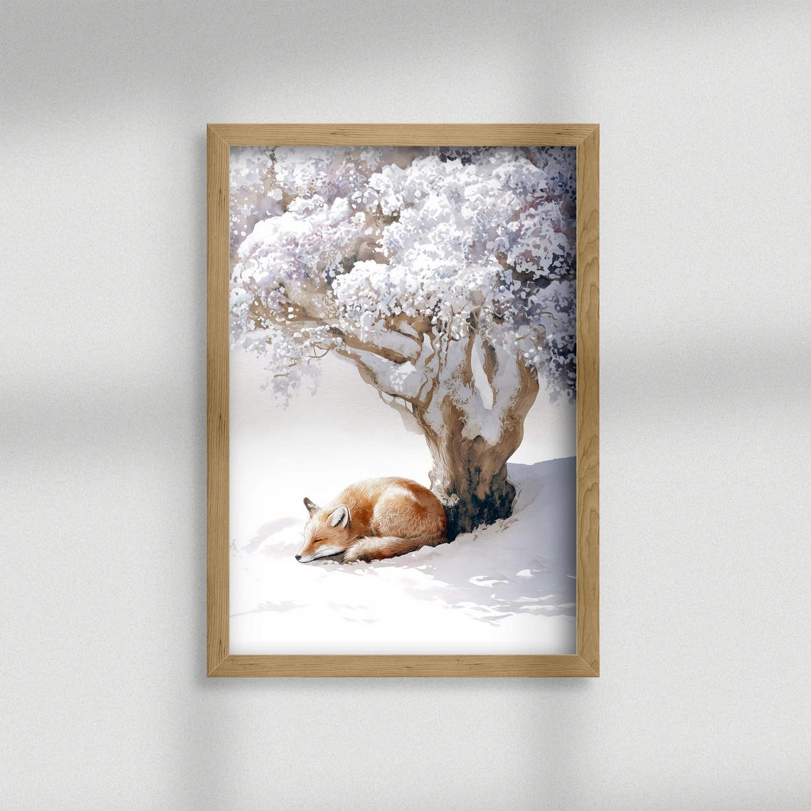 Sleeping Fox Under Snowy Tree Watercolor Winter Animal Poster