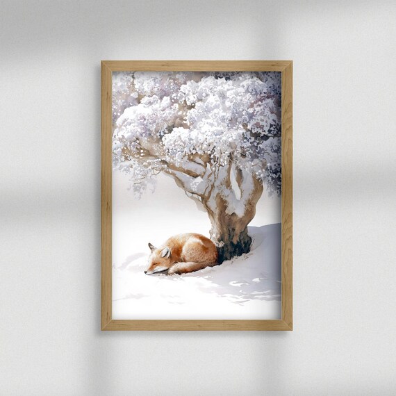 Sleeping Fox Under Snowy Tree Watercolor Winter Animal Poster