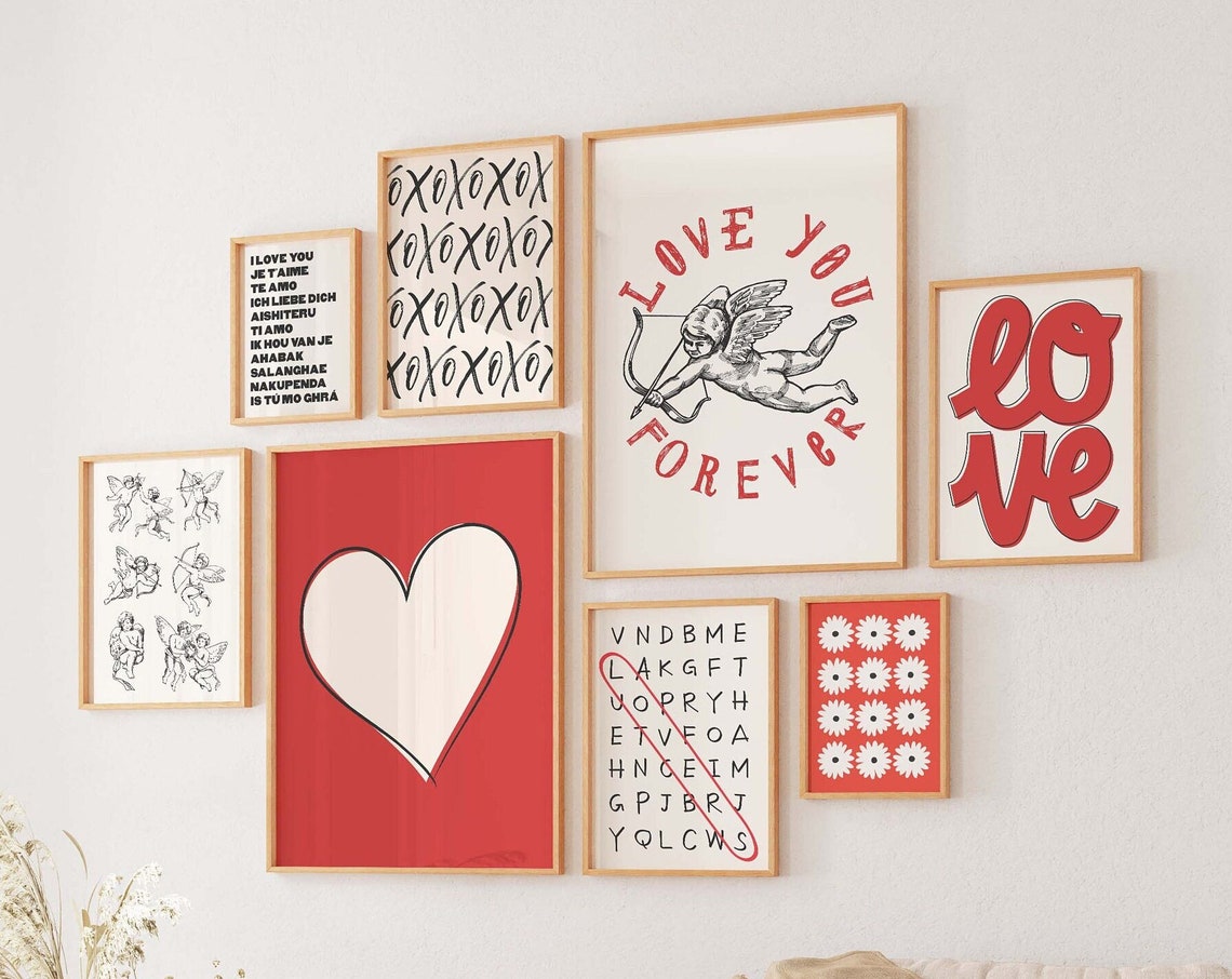 Valentines Gallery Wall Set 8 Red Love Themed Poster Collection