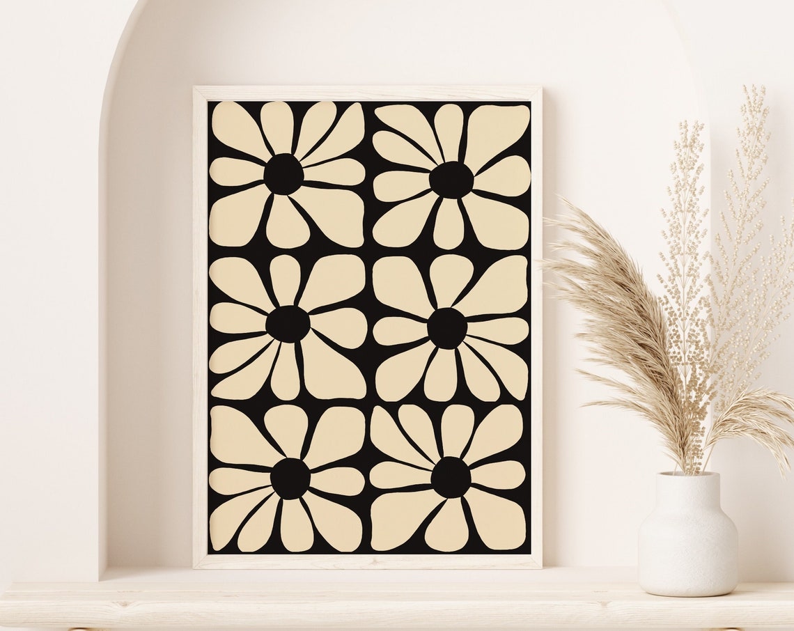 Retro 70s Daisy Flower Grid Poster in Cream and Black Squares