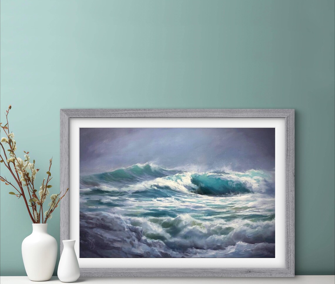 Stormy Teal Ocean Waves Crashing Under A Moody Grey Sky Seascape Poster