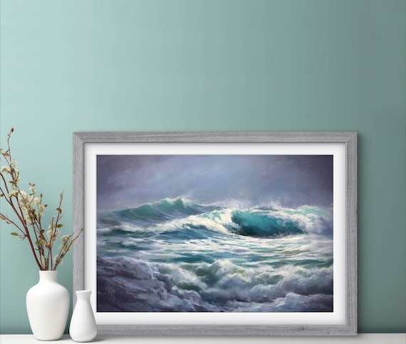 Stormy Teal Ocean Waves Crashing Under A Moody Grey Sky Seascape Poster