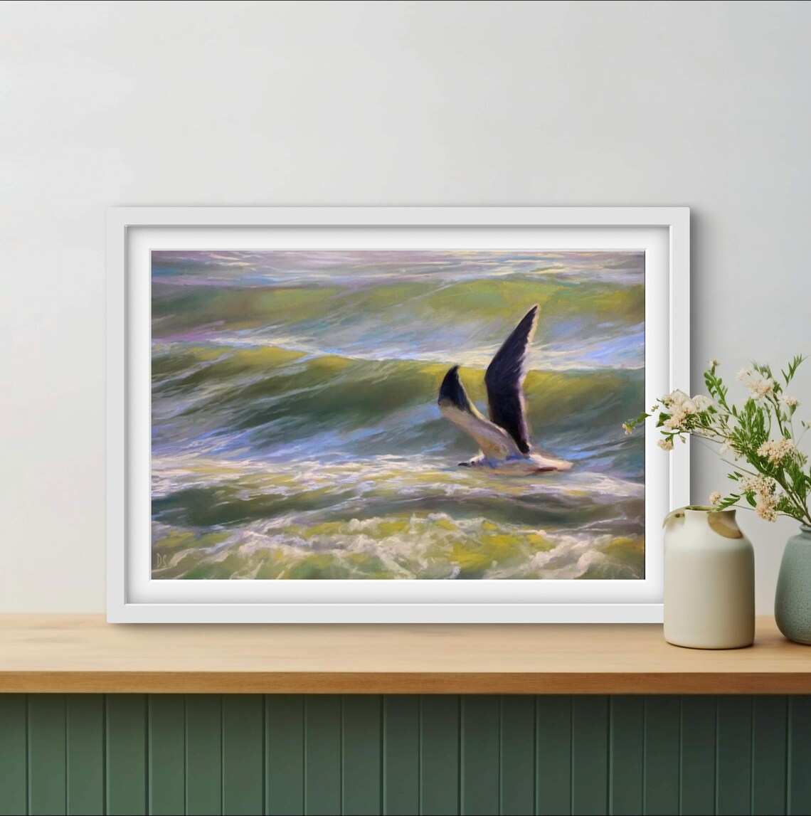 Seabird Diving Into Golden Green Ocean Waves Coastal Artwork Poster