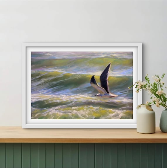 Seabird Diving Into Golden Green Ocean Waves Coastal Artwork Poster