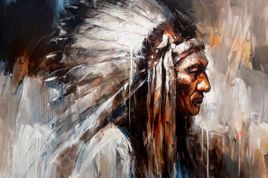 Native Chief in Feathered Headdress Profile Oil Painting Poster