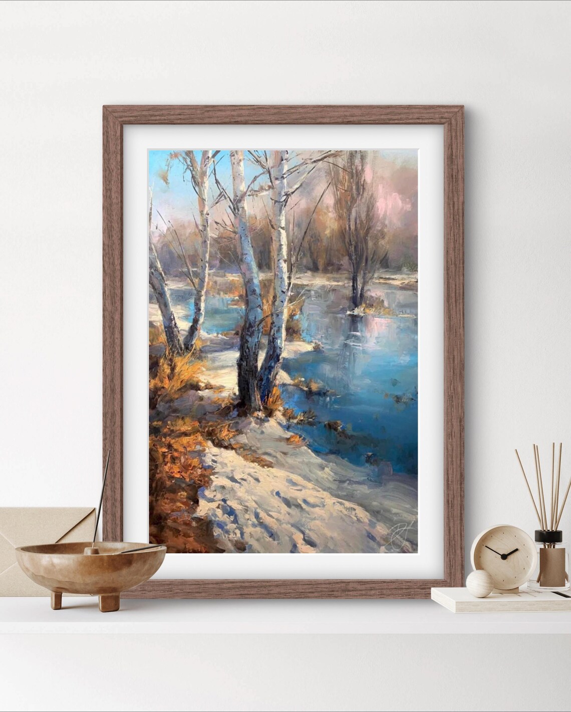 Thawing River Poster, Winter Lake View Art Print
