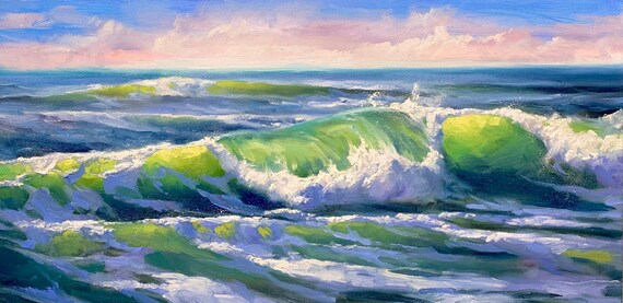 Emerald Green Rolling Ocean Wave With White Foam Under Pastel Sky Poster