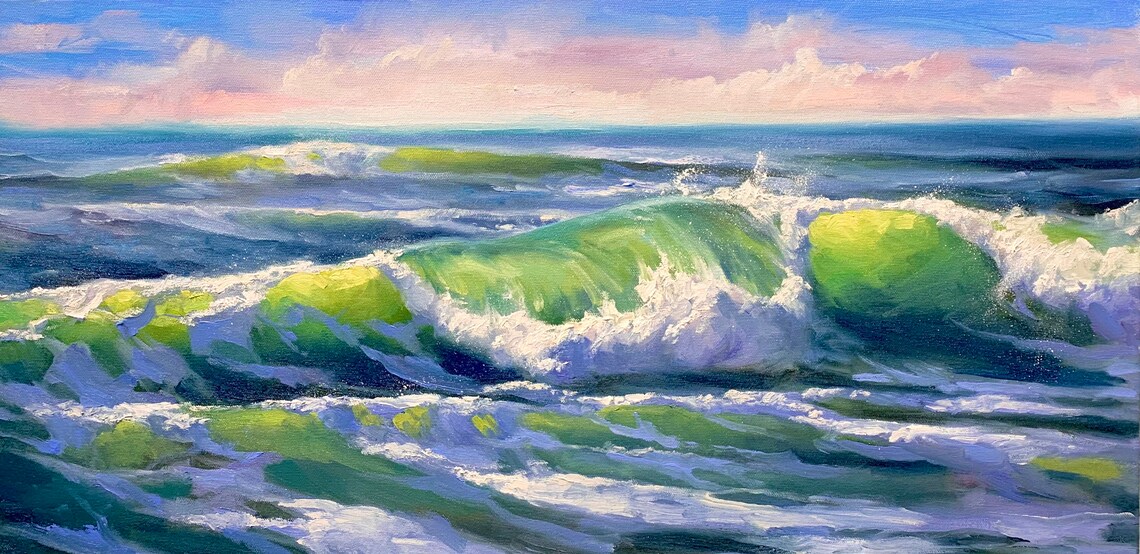 Emerald Green Rolling Ocean Wave With White Foam Under Pastel Sky Poster