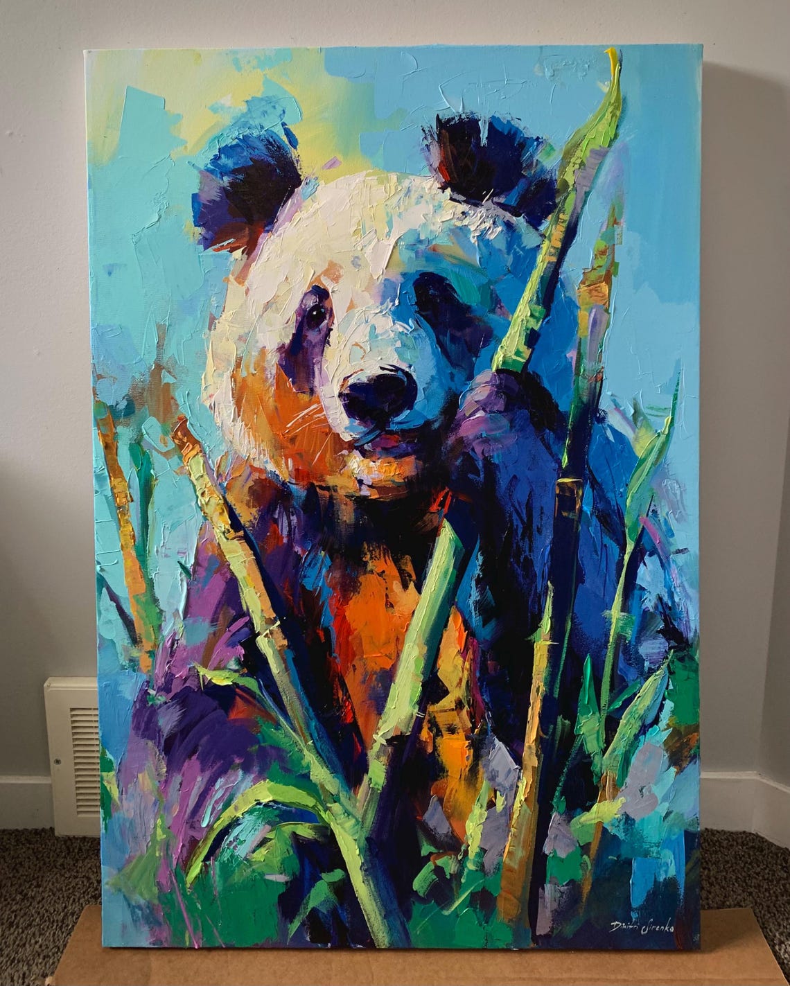 Colorful Giant Panda Bamboo Snack Abstract Oil Painting Poster