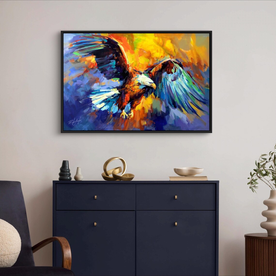 Bald Eagle in Flight Against Fiery Sky Vibrant Wildlife Art Poster