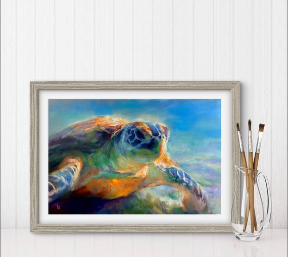 Sea Turtle Portrait Art Print, Ocean Beach Decor