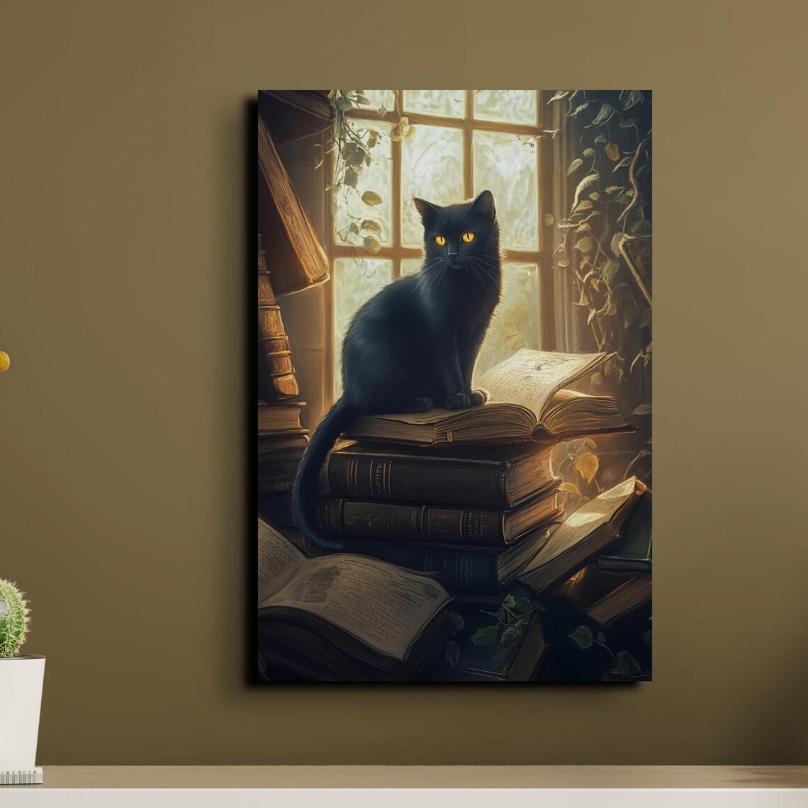 Black Cat Sitting on Old Books by Sunlit Window Vines Poster
