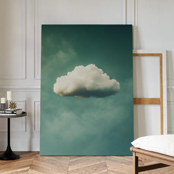 Minimalist Cloud Canvas Wall Art Lone Puffy Against Teal Sky Tranquil Neutral Poster For Calm Modern Living Spaces