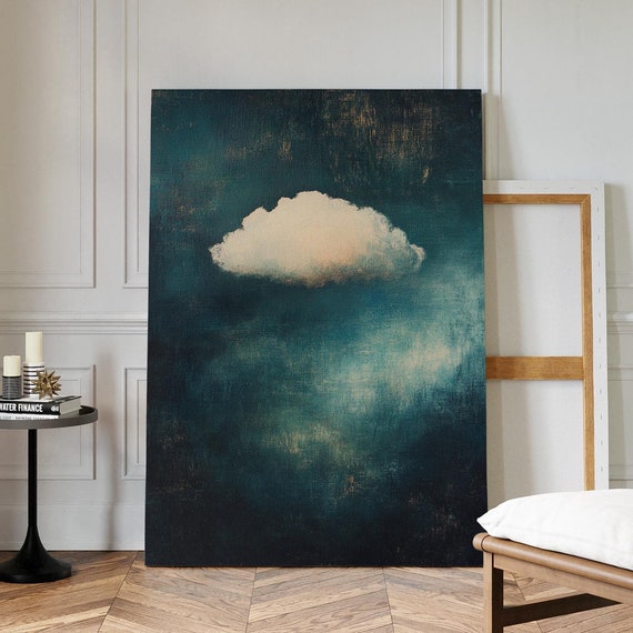 Minimalist Single Cloud Wall Art With Deep Teal And Soft White Tones For Modern Tranquil Or Contemporary Home Decor