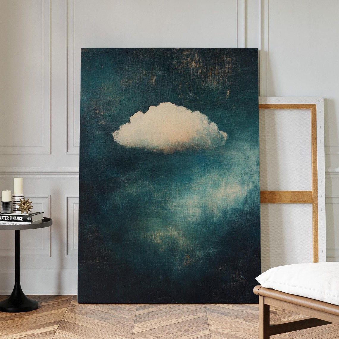 Minimalist Single Cloud Wall Art With Deep Teal And Soft White Tones For Modern Tranquil Or Contemporary Home Decor