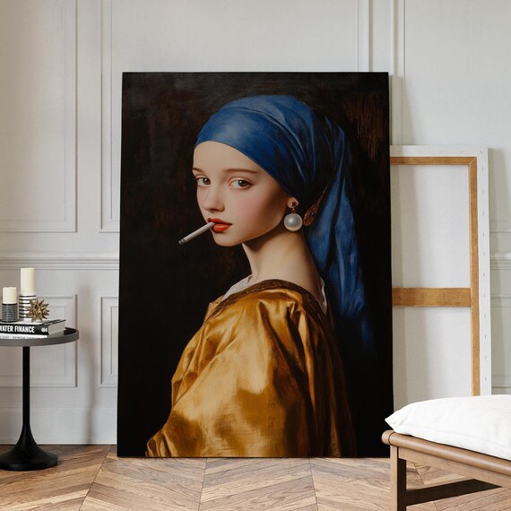 Girl With Pearl Earring Smoking Edgy Pop Art Parody Painting Poster