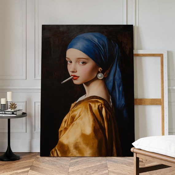 Modern Girl With A Pearl Earring Bold Reinterpretation Of A Classic Portrait Featuring A Cigarette For Quirky And Edgy Wall Art