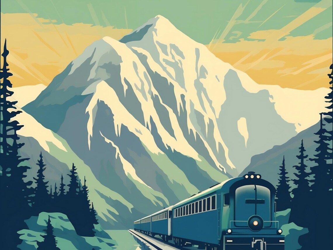 Alaska Snowy Mountain Peak Vintage Train Retro Travel Poster - Image 3
