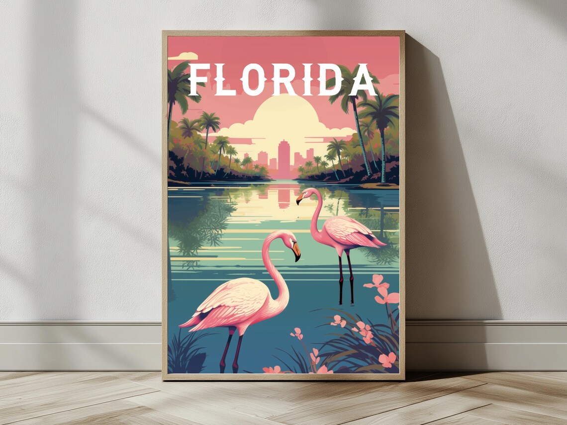 Florida Flamingos Sunset Lagoon Palm Trees City Vintage Travel Poster - Image 2