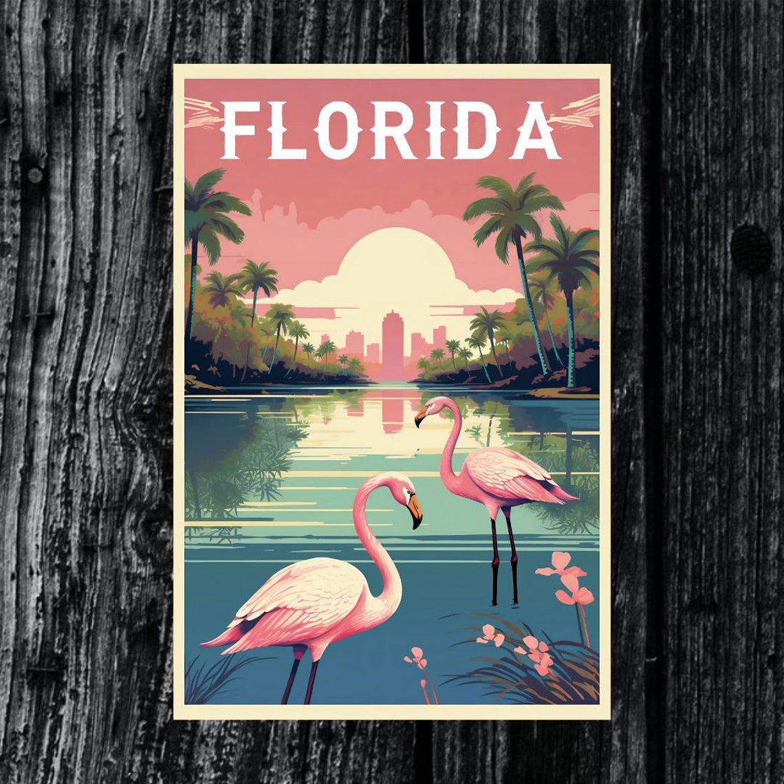 Florida Pink Retro Vintage Travel Poster Flamingos Palm Lake Sunset
