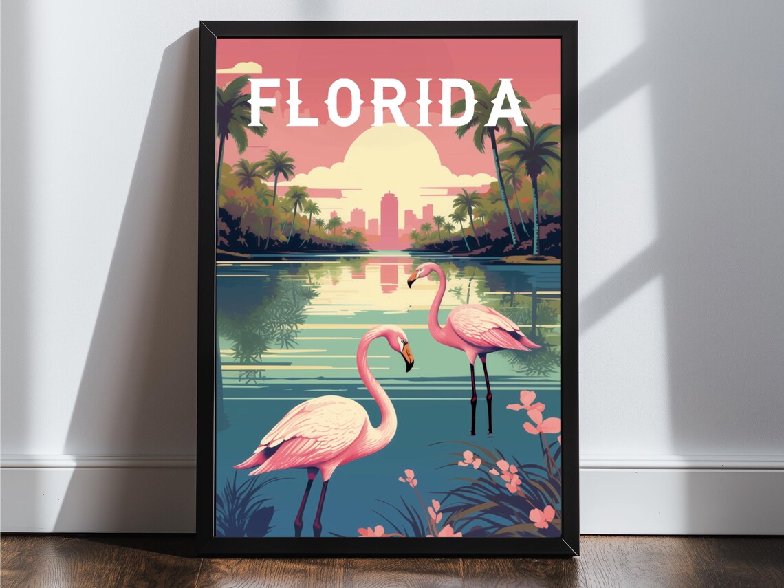 Florida Flamingos Sunset Lagoon Palm Trees City Vintage Travel Poster